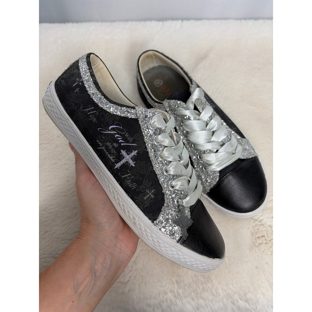 Bradford Exchange Bernie Mev Women Faith Hope God Black Silver Glitter Sneaker 7